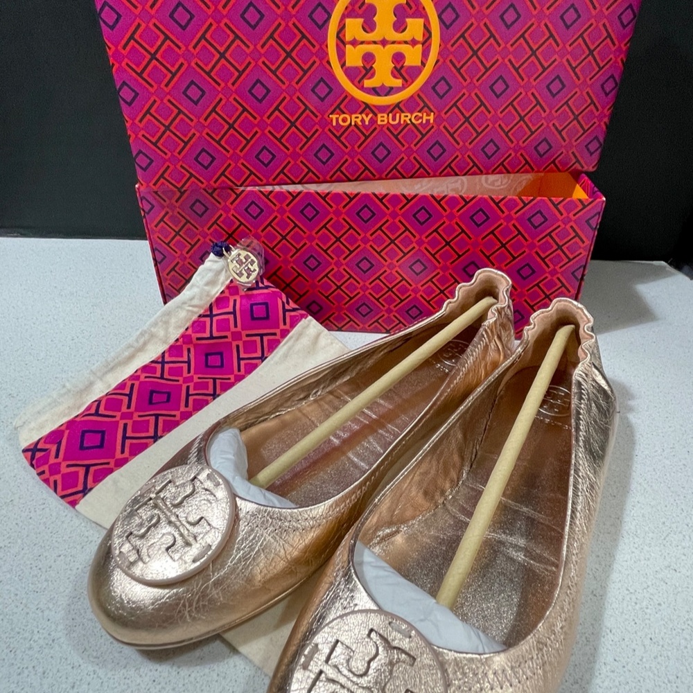 Brand NEW In Box - Tory Burch Rose Gold Minnie Travel Ballet Flats - Size 8